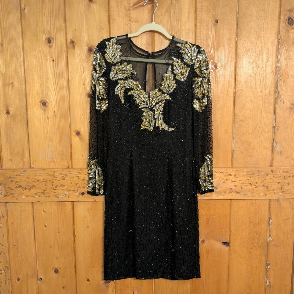 Vintage Old Hollywood Black Gold Beaded Dress Art Deco inspired Gatsby Goth